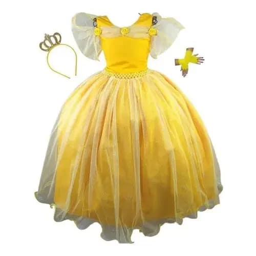 Vestido Fantasia Infantil Bela e a Fera Princesas Coroa e Luvas