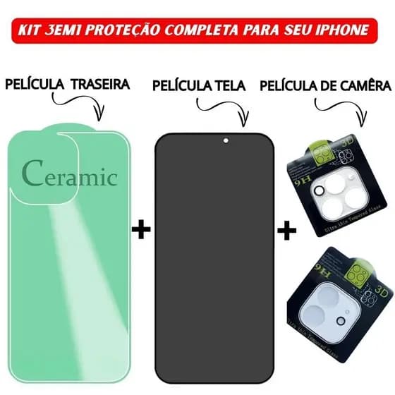 Kit Película Traseira + Lente Transparente + Vidro 3D Privacidade Tela iPhone 11 12 13 14 15 16 Pro Max