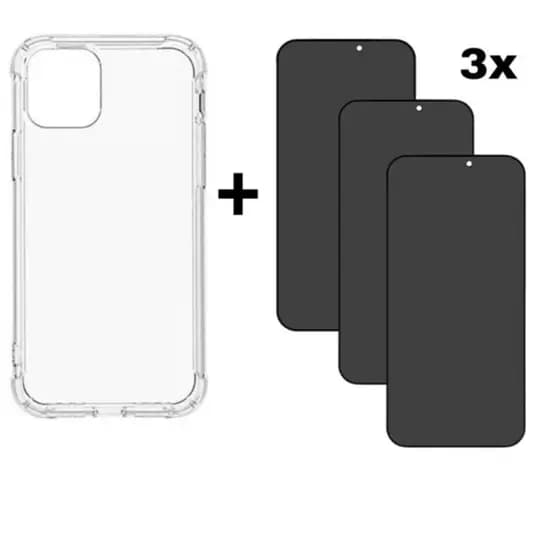 Capa TPU + 3 Películas Vidro 3D Privacidade Proteção Tela iPhone X XS 11 12 13 14 15 16 Pro Max