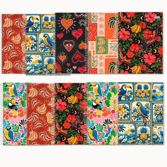 Kit 10/12 Cadernos Universitários 1 Matéria Floral Estampado Tucano 80 Folhas Meninas