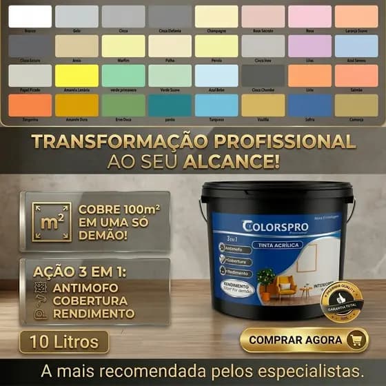Tinta acrílica 10 litros ColorsPro, Sem cheiro e Antimofo - alta cobertura 33 cores disponíveis