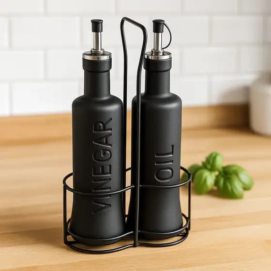 Kit Galheteiro Porta Azeite Vinagre Com Suporte 300ml 3 Peças Cozinha Linha Nero