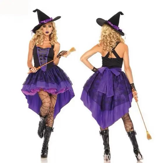 Fantasia de Bruxa de Halloween para Mulheres Adultas Vestido de Rabo de Andorinha Roxo Chapéu Festa de Carnaval Tamanho