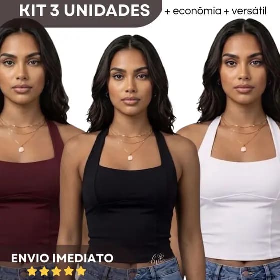 KIT 3 BLUSAS FEMININA TOP HALTER CROPPED AJUSTADO FRENTE ÚNICA COSTA NUA CASUAL ACADEMIA E SOCIAL