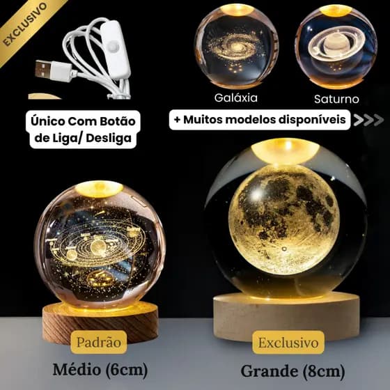Luminária Bola de Cristal Led Mesa Globo Vidro 3d Base Madeira Decoração Abajur Presente Quarto Lua