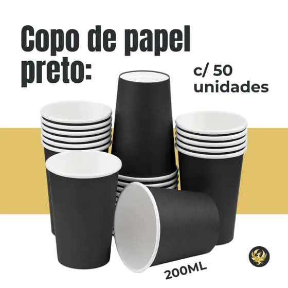 Copo PRETO 200 ml de Papel - Biodegradável - Pacote com 50 unidades