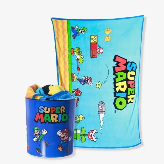 Kit Manta e Balde de Pipoca Super Mario