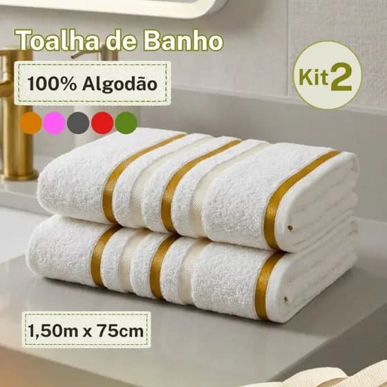 Kit 2 Toalhas de Banho 1,50m x 75cm Alta Gramatura 100% Algodão Grossa Macia Absorvente Grande