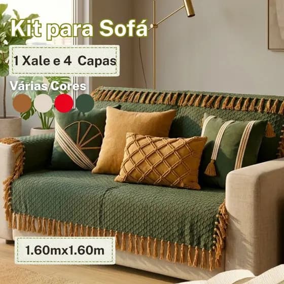 Kit 5 Peças Para Sofá Capa e Manta Xalé Jogo Completo Decoração Sala 100% Algodão