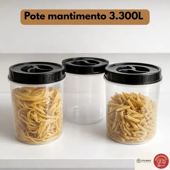 Kit 3 Potes Herméticos 3,3L Tampa Rosca – Organizador de Mantimentos Cozinha Transparente Grande