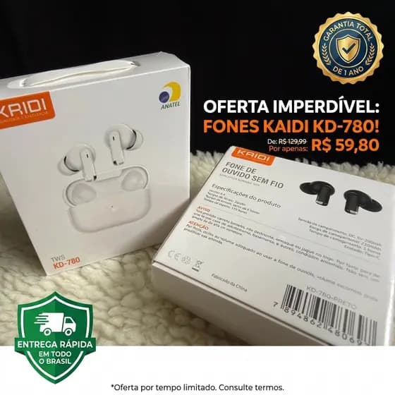 Fone - Fone bluetooth kaidi sem fio / bluetooth 5.3 - TWS - Altíssima qualidade - Entrega em 24h
