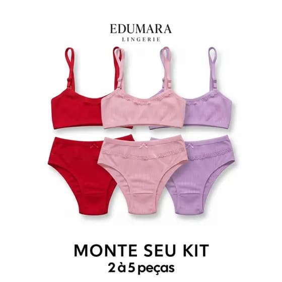 Kit 2 à 6 Conjunto Íntimo Infantil Canelado Top Calcinha Forro em Algodão Menina 5 ao 11 Anos