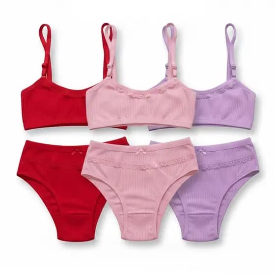 Kit C/2 ou 1 Conjunto Infantil Canelado Top Sem Bojo + Calcinha com Forro em Algodão Edumara