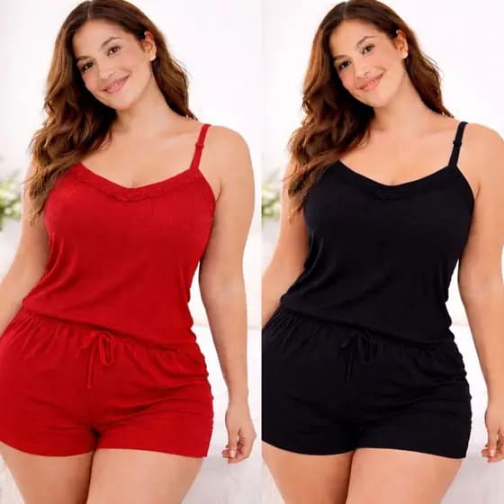 Kit 2 Baby Doll Plus Size Feminino Short e Blusa Suede Alças Regulável Pijama Roupa de Dormir