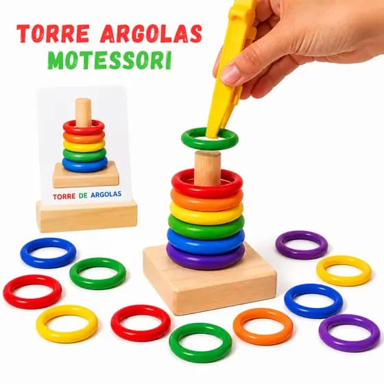 Torre de Argolas Montessori Pinça Coordenação Motora Jogo Educativo Sensorial Colorido