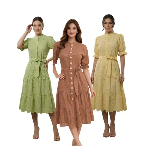 Vestido Mídi Lese com Forro e Lazo Manga Princesa Com Botões funcional Moda Evangélica
