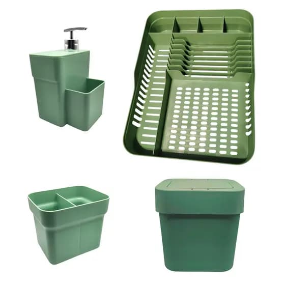 Kit De Pia Com Escorredor Lixeira Dispenser De Detergente E Porta Talher