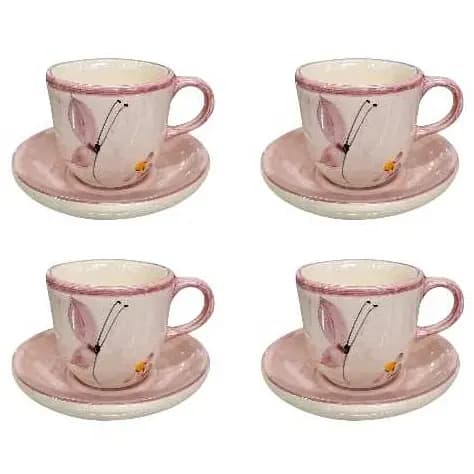 Kit 4 Xícaras Café com Pires Louça Cerâmica Pintura Feita à Mão