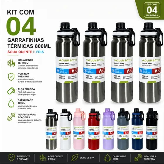 Kit 04 Garrafinhas Garrafa Térmica 800ml Água Quente Frio Com Alça Isolamento Térmico Academia Inox