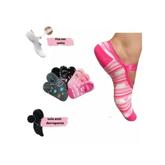 Kit 2 , 3 ,6PARES Meia Sapatilha Antiderrapante Pilates YOGA Feminina Estampada lisa