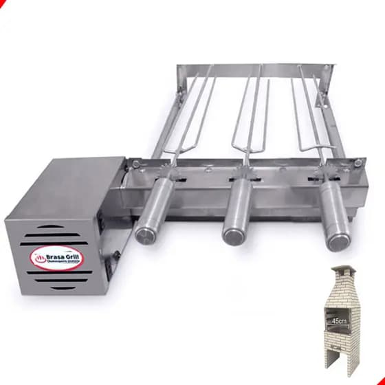Kit Grill Inox 3 Espetos Giratório Para Churrasqueira Pré-moldada De 45cm Único Andar