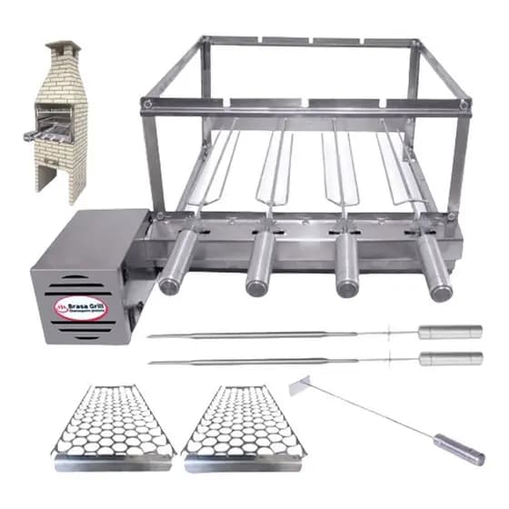 Combo Brasa Grill GIra 4 Espetos para Churrasqueira Pré Moldada de 55cm Espaço Interno Largura