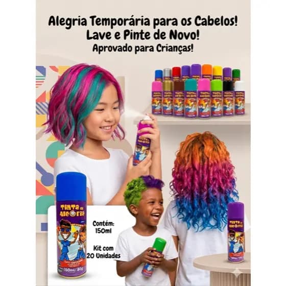 Kit com 20un Tinta da Alegria Spray Temporária para Cabelos - Tubo c/ 150ml Copa
