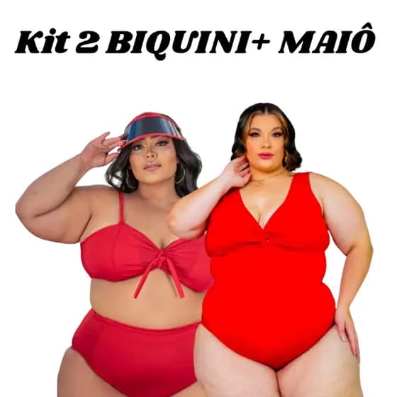 KIT Body Maiô Plus Size Transpassado com Nó + 1 Biquini Top com Forro Alça Larga Cintura Alta