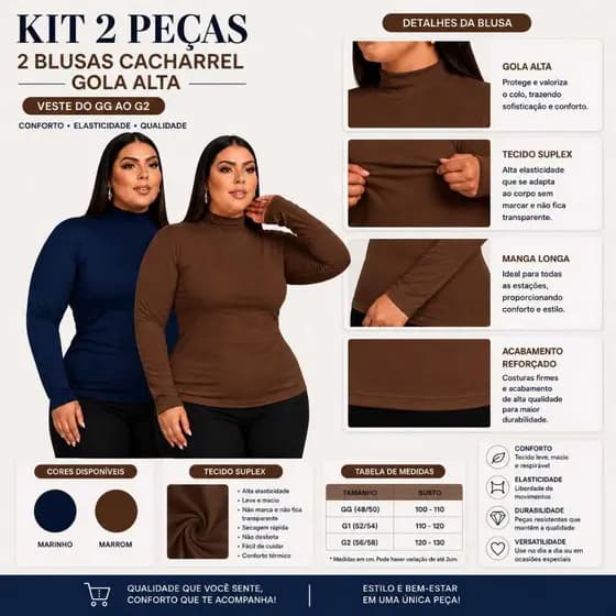 KIT 2 Blusa Cacharrel PLUS SIZE Feminina Gola Alta Suplex