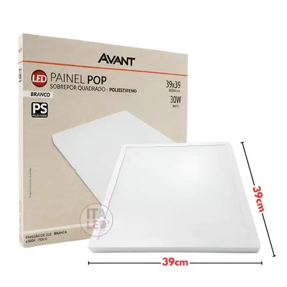 Luminária Plafon LED Sobrepor 30W Avant 39x39cm Luz Branca Fria 6500K Bivolt Painel Quadrado Teto Sala Quarto Cozinha