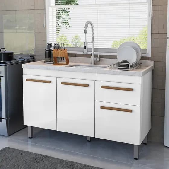 VÁRIAS CORES!! Ajp Móveis Armário Gabinete Balcão Para Pia De 120cm Sem Tampo Olivia 5 Pés Em Pvc 1 Gaveta 3 Portas