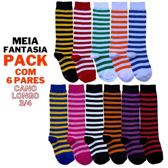 Pack 6 Pares de Meias Infantil 3/4 Cano Longo Listrada Fantasia Natal