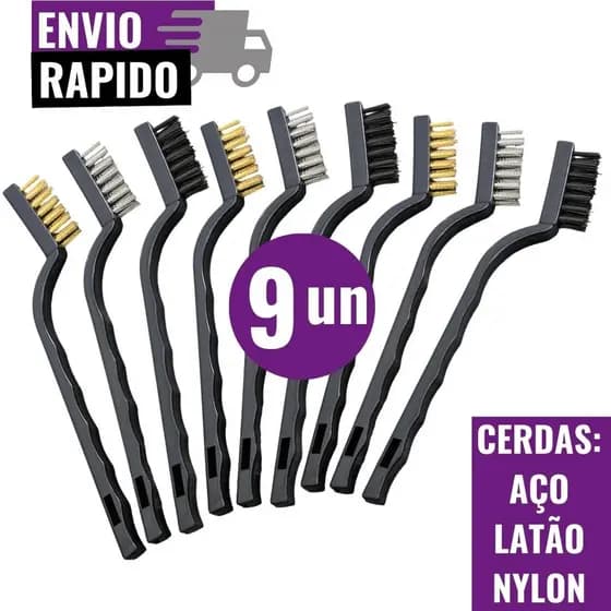 Kit 9 Escova Multiuso Cerdas Aço Nylon Latão Limpeza Pesada Ferrugem Grelha Oficina