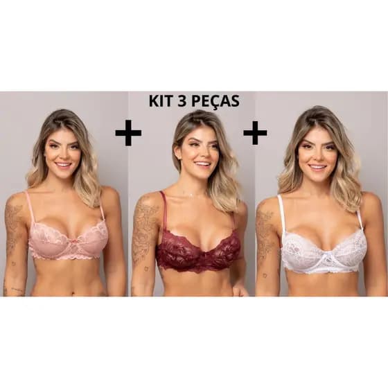 Promoção Kit 3 Sutiã de Renda sem Bojo com Aro Meia Taça