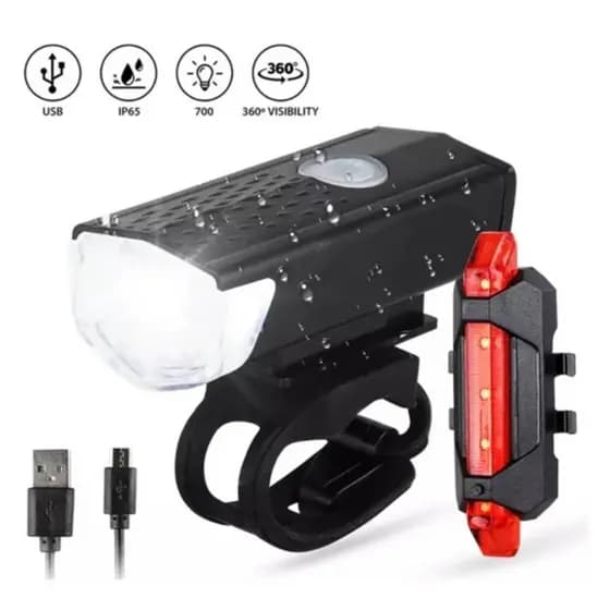 Kit Lanterna Farol de Bike 300 Lumens + Lanterna Sinalizador Traseiro Recarregavel