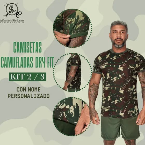 Kit 2/3 Camisetas Camufladas EB Dry Fit Com Nome Personalizado