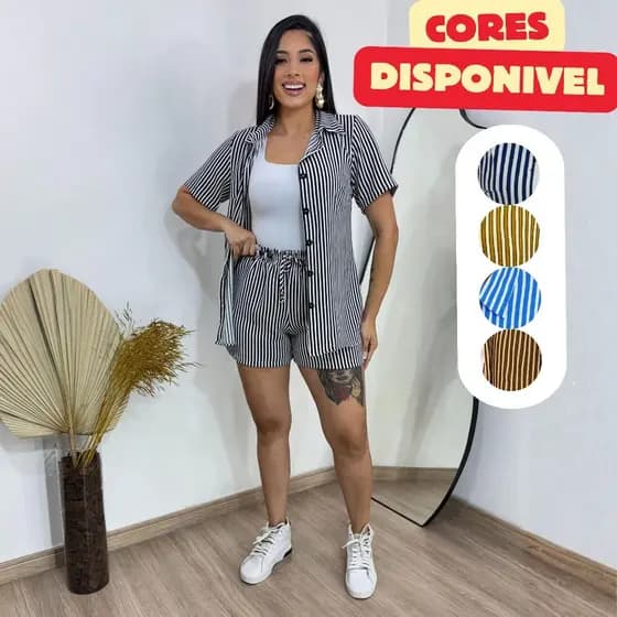 Roupa Feminina Conjunto Short E Camisete Listrado Tecido Leve