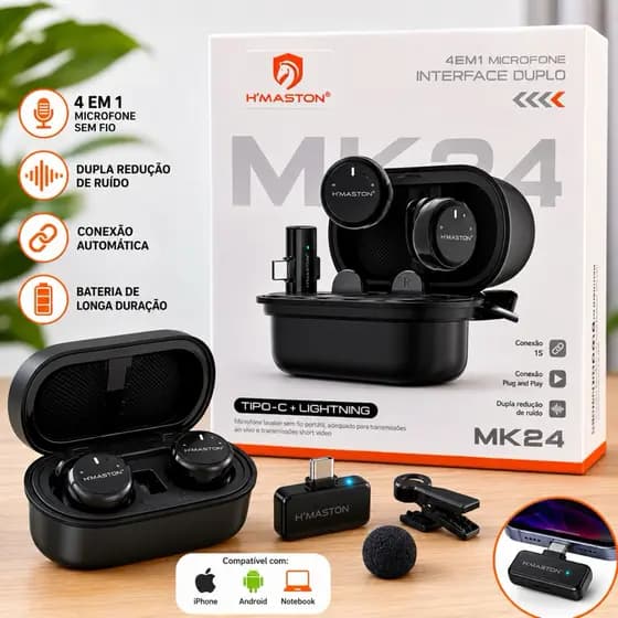 Microfone Sem Fio Duplo H’Maston MK24 Tipo-C e Lightning para iPhone Android Notebook com Redução de Ruído