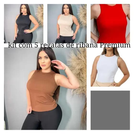 KIT- 5 - Regatas Feminina canelada Ribana Blusinha Básica