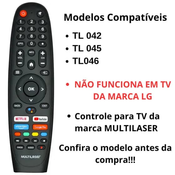 Controle Remoto Tv Multilaser Smart TL042 / TL045 / TL046 - 9207