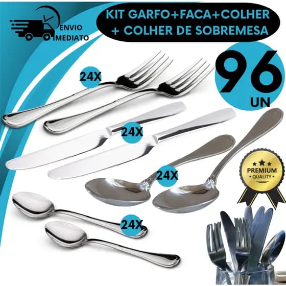 Kit Completo de Talheres Inox Garfo Colher de Sopa Colher de Sobremesa Faca de Mesa Cozinha