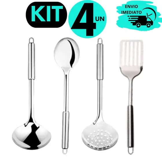 Kit 4 Utensílios Premium Reforçados 1°Linha Concha Grande Colher de Arroz Escumadeira Espátula