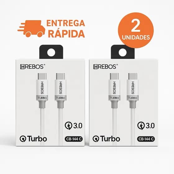 Cabo Tipo C C Turbo 3.0A - Kit 2 Unidades - Carga Rápida - 1,0m Branco HRebos