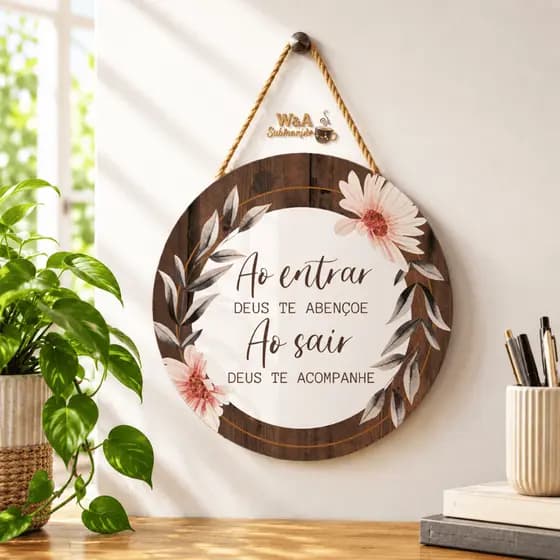 Decoração Casa Placa Decorativa Parede MDF 20x20 Com Corda Sisal Frases Motivacionais