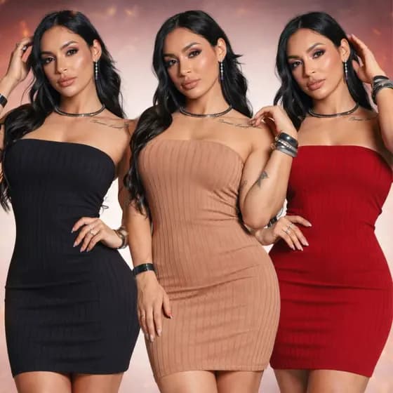 Vestido Feminino Tomara Que Caia Canelado Tubinho Curto Justo Elegante Sem Bojo