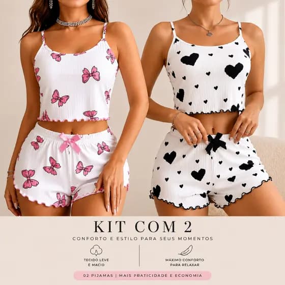 Kit c/2 Conjunto Pijama Baby Doll Feminino Verão Short Dool Blogueirinha Virginia