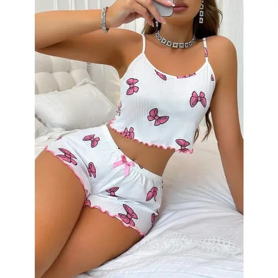 Baby Doll Feminino Curto Pijama de Verão Estampas Coração Lacinho Morango e Liso