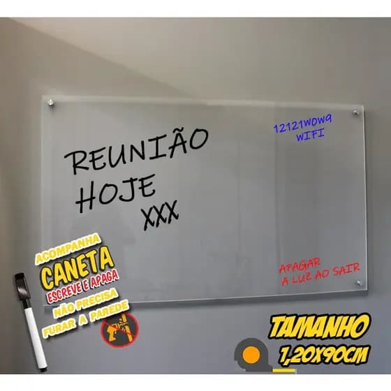 Lousa de parede quadro Escolar aula anotações planner negro branco 1,20X90 transparente de acrilico não precisa furar a parede + Caneta Apagador Quadro Branco Para Escrever Planejamento Anotações Escolar Soft Acrilico