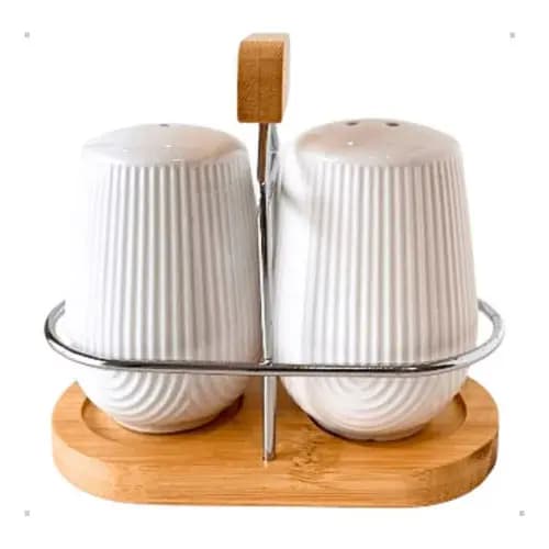 Saleiro e Pimenteiro com suporte em Ceramica Branco e Bambu