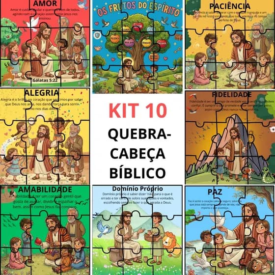 Kit 10 Quebra-Cabeça Infantil Bíblico Frutos do Espírito Brinquedo Pedagógico Educativo